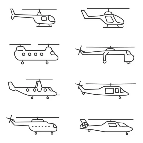 Vector illustration of helicopters icons set. Editable stroke.