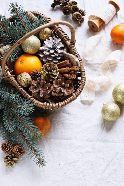 istock Vintage basket with Christmas festive decoration. 873534794
