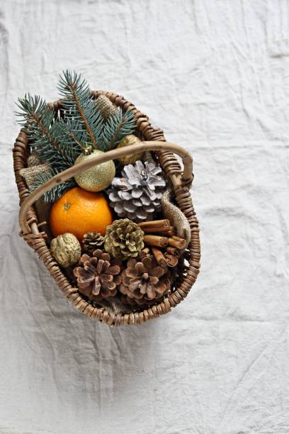 istock Vintage basket with Christmas festive decoration. 873534800