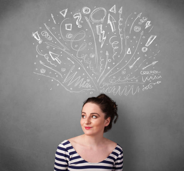 istock Young woman thinking with sketched arrows above her head 873535454