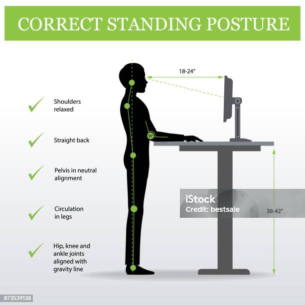 Ergonomico Corretta Postura In Piedi E Tavolo Regolabile In Altezza - Immagini vettoriali stock e altre immagini di Ergonomia