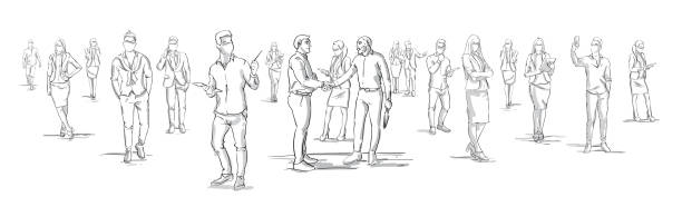 Silhouette Businessmen Shake Hands With Business People Group On Background, Businesspeople Shaking Hands Horizontal Banner Silhouette Businessmen Shake Hands With Business People Group On Background, Businesspeople Shaking Hands Horizontal Banner Vector Illustration crowd of people drawings stock illustrations