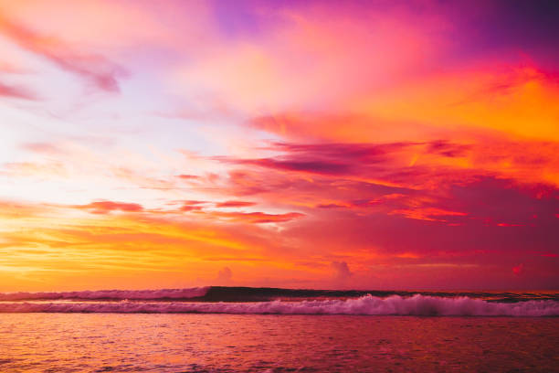 Surfing colored ocean wave falling down at sunset or sunrise time
