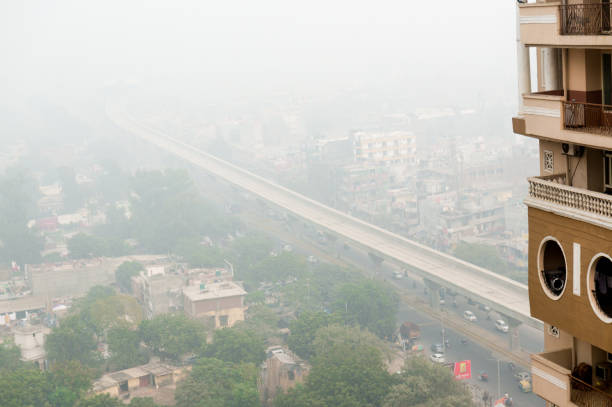 istock Building facing a smog covered cityscape in Delhi 873551188