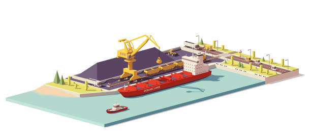Vector low poly coal terminal and bulk carrier Vector low poly coal terminal with bulk carrier ship and crane loading coal bulk carrier stock illustrations