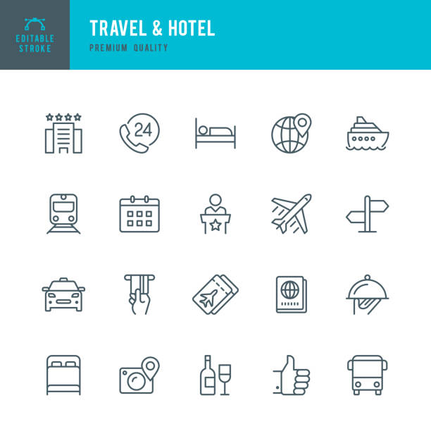 illustrazioni stock, clip art, cartoni animati e icone di tendenza di travel & hotel - set di icone vettoriali a linea sottile - travel tourism symbol ship