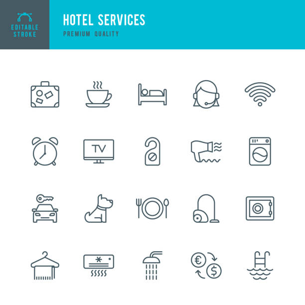 illustrazioni stock, clip art, cartoni animati e icone di tendenza di hotel services - set di icone vettoriali a linea sottile - hotel bed silhouette travel