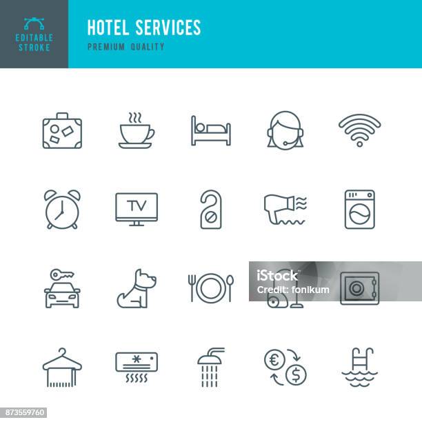 Hotel Services Set Of Thin Line Vector Icons Stock Illustration - Download Image Now - Icon Symbol, Hotel, Suitcase