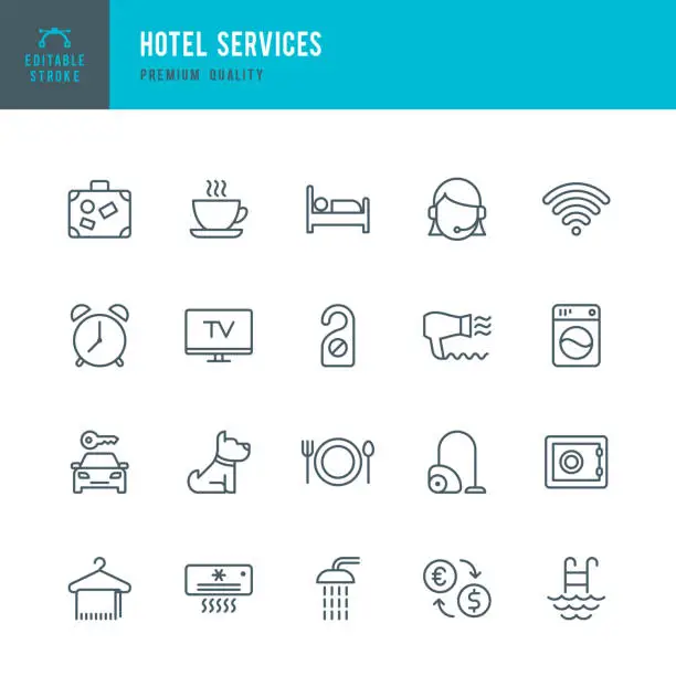 Vector illustration of Hotel Services - set of thin line vector icons