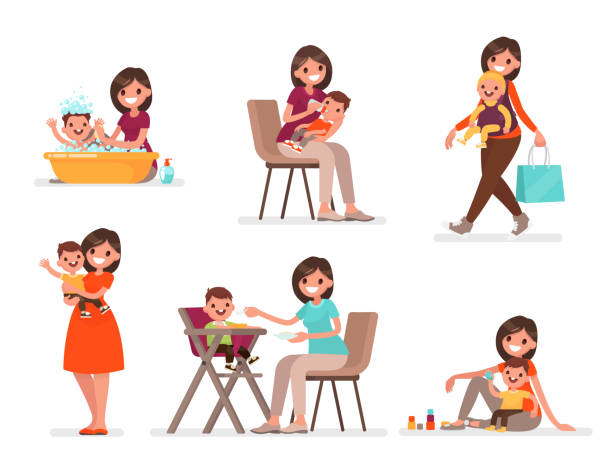 illustrations, cliparts, dessins animés et icônes de jeu de maman et bébé. mère se nourrit, se baigne et joue avec l’enfant. illustration vectorielle dans un style plat - baby eating child mother