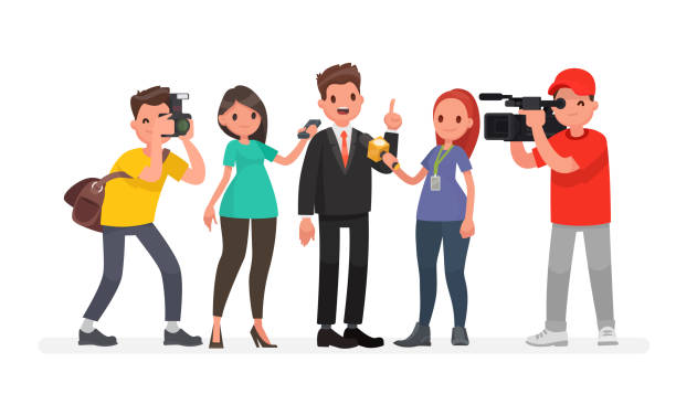 Journalists of news channels and radio stations are take interviewed. Characters videographer and photographer Journalists of news channels and radio stations are take interviewed. Characters videographer and photographer. Vector illustration in a flat style journalism illustrations stock illustrations