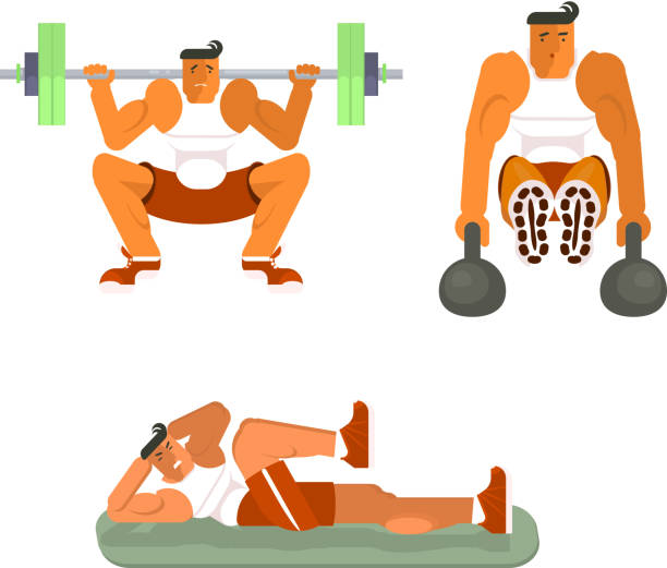 Men does the press exercises Men does the press exercises on gym background. Sport, training, gym, strong body and lifestyle concept. Vector illustration eps 10. cartoon muscular man lifting heavy weights stock illustrations