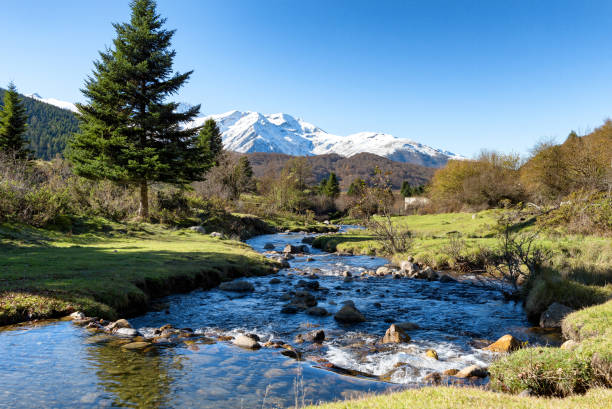 a river with Pic du Midi de Bigorre in the french Pyrenees