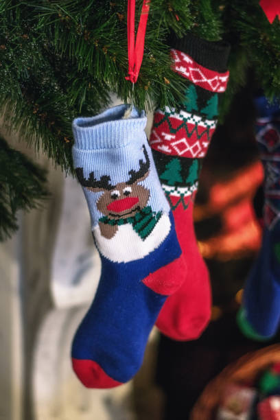 istock Christmas socks hanging in a Christmas tree 873563862