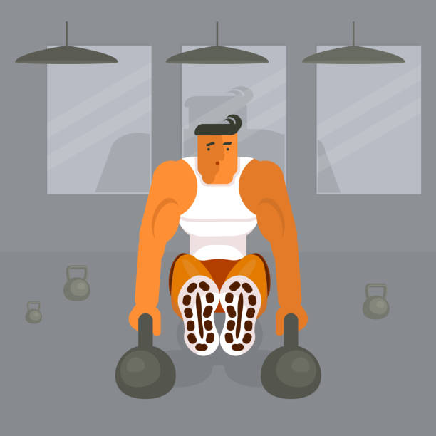 Man does the press exercises Man does the press exercises on gym background. Sport, training, gym, strong body and lifestyle concept. Vector illustration eps 10. cartoon muscular man lifting heavy weights stock illustrations