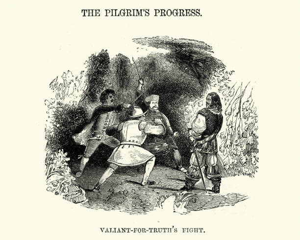 Pilgrim's Progress - Valient for truth's fight Vintage engraving of a scene from John Bunyan's The Pilgrim's Progress. Valient for truth's fight book title stock illustrations