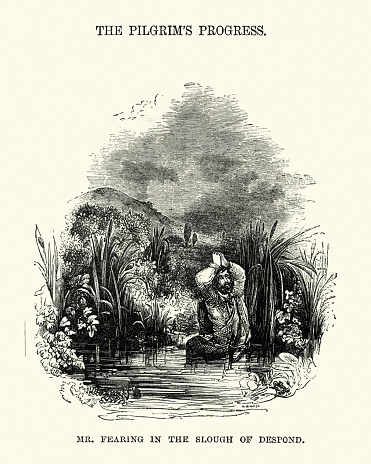 Vintage engraving of a scene from John Bunyan's The Pilgrim's Progress. Mr Fearing in the slough of despond