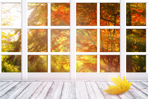 Room interior with window frame and yellow maple leaf lying on wooden table in Shabby Chic style. Autumn sunny day with autumnal trees outside. Empty place for decoration.