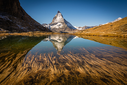 Riffelsee, a clear mountain lake near the Gornergrat above the Swiss village of Zermatt.