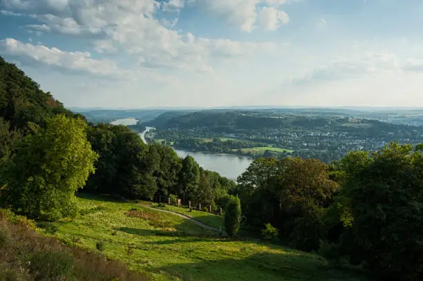 Panorama view from the Drachenburg / Drachenfelsen to the river Rhine and the Rhineland, Bonn, Germany, Europe