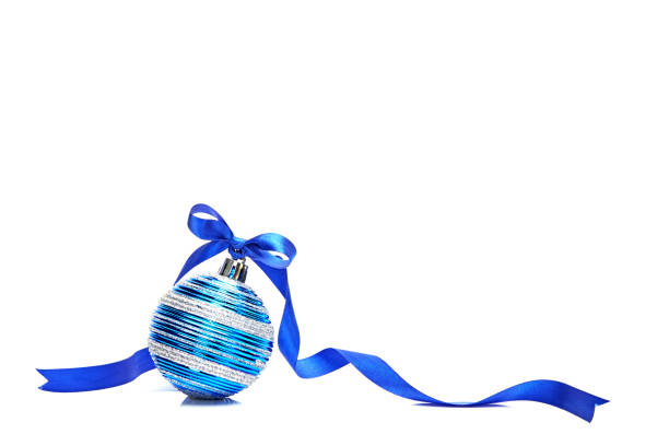 istock Blue Christmas ball with ribbon bow on white background 873584910