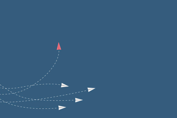 minimalistyczny czerwony samolot zmienia kierunek i białe. nowy pomysł, zmiana, trend, odwaga, kreatywne rozwiązanie, innowacyjność i unikalna koncepcja sposobu. - wolność ilustracje stock illustrations