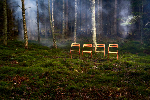 four chairs stand on a row in a pavement ready to have a meeting