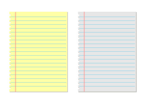 ilustraciones, imágenes clip art, dibujos animados e iconos de stock de cuaderno papel amarillo y blanco. papel rayado - paper notebook ruled striped