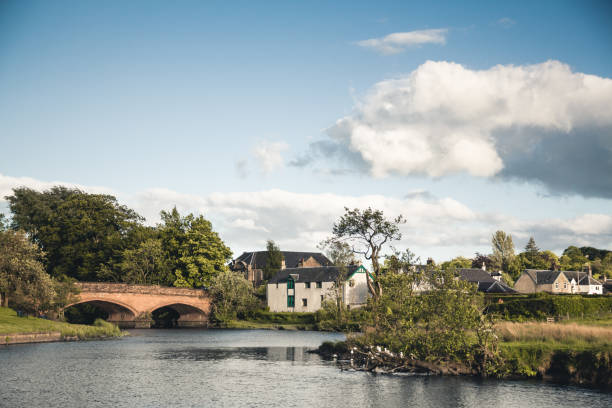 River Teith and bridge in the village of Callander, Scotland stock photo