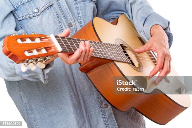 Woman And Sixstringed Guitar Stock Photo - Download Image Now - Adult, Arts Culture and Entertainment, Casual Clothing