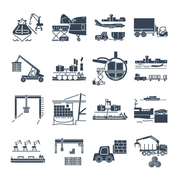 zestaw czarnych ikon załadunku i rozładunku towarów, magazynowania - luggage cart airport luggage cargo container stock illustrations