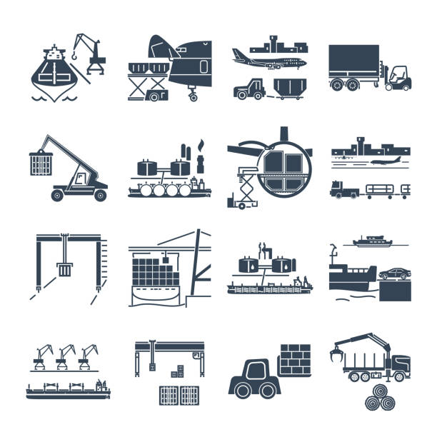 set of black icons loading and unloading of goods, warehousing vector art illustration