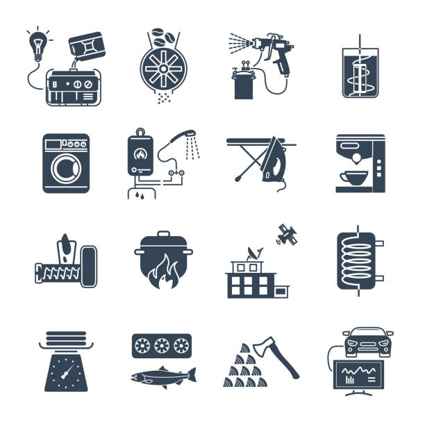 set of black icons household appliances, electrical equipment vector art illustration