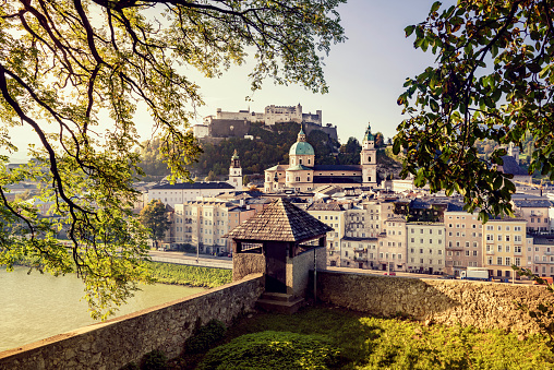 Beautiful view of the historic city of Salzburg with Festung Hohensalzburg in summer, Salzburger Land, Austria. Panoramic summer cityscape of Salzburg, Old City, birthplace of famed composer Mozart.