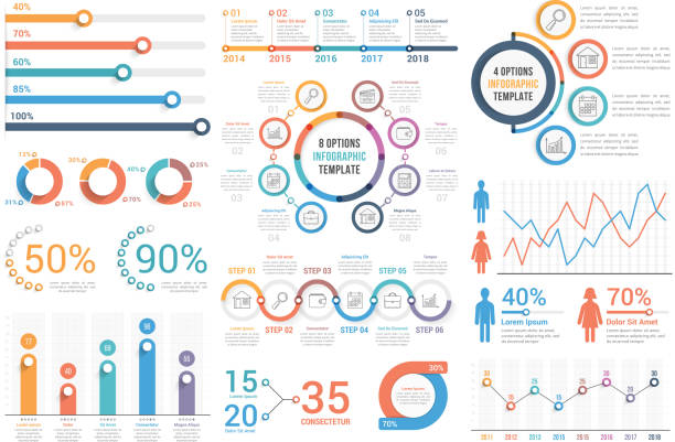 Infographic Elements Infographic elements - bar and line charts, percents, pie charts, steps, options, timeline, people infographics, vector eps10 illustration infographic templates stock illustrations