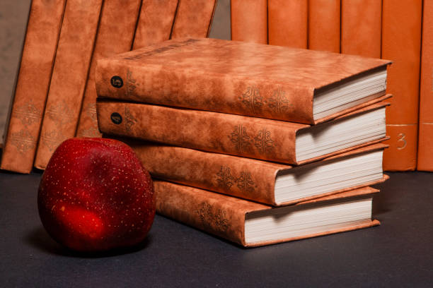 istock Books with an apple on a table with pencils. 873620596