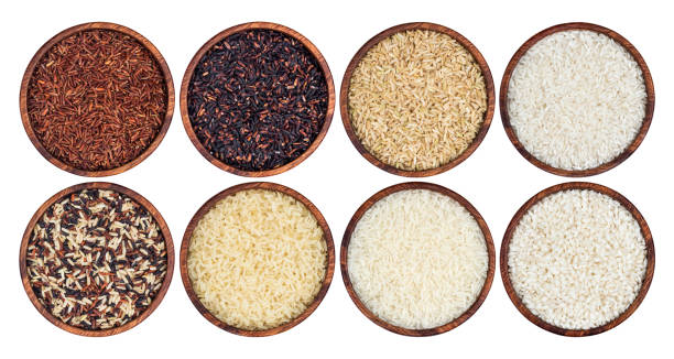 Rice collection isolated on white background. Top view Rice collection isolated on white background. Top view, clipping path jasmine rice stock pictures, royalty-free photos & images