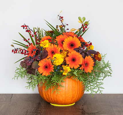 Autumn bouquet in a vase made out of pumpkin for Thanksgiving Day