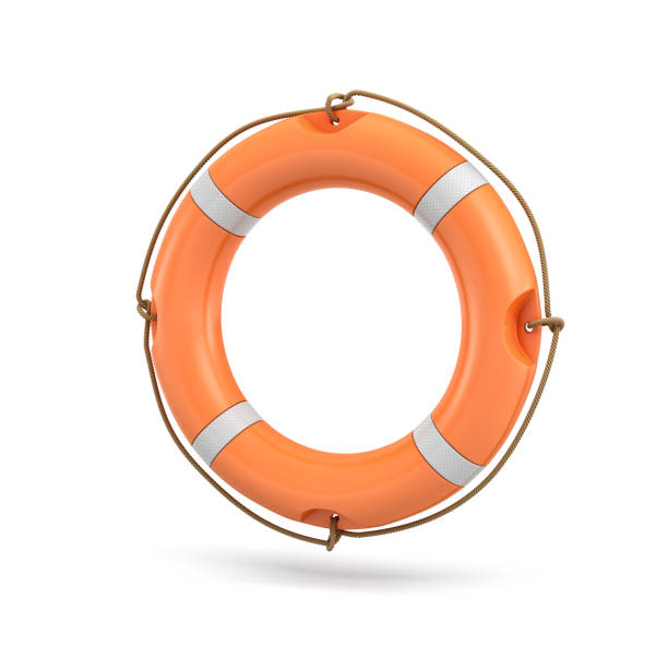 istock 3d rendering of a single isolated orange life buoy hanging over a white background. 873632782