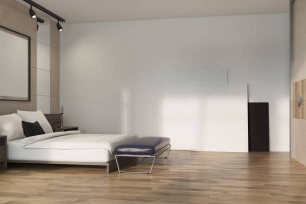 istock Beige loft bedroom, poster on floor 873636122