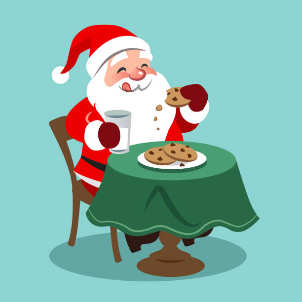 ilustrações de stock, clip art, desenhos animados e ícones de vector cartoon illustration of happy looking santa claus sitting at table and eating cookies with milk, in contemporary flat style, isolated on aqua blue background. christmas themed design element. - santa claus food