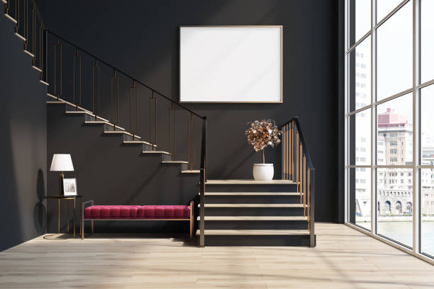 istock Black living room, stairs, red bench, poster 873640346
