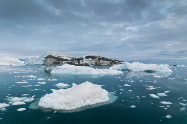 Arctic Greenland Icebergs Floating at Twilight Arctic Greenland Icebergs drifting in the ocean in twilight light. Beautiful untouched Nature under moody skyscape. Nordic Greenland iceberg dramatic sky wintry landscape mountain stock pictures, royalty-free photos & images