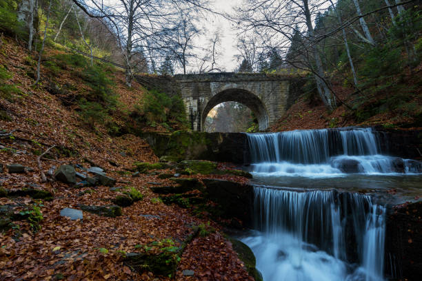 istock Beautiful autumn waterfall in the forest. 873646612