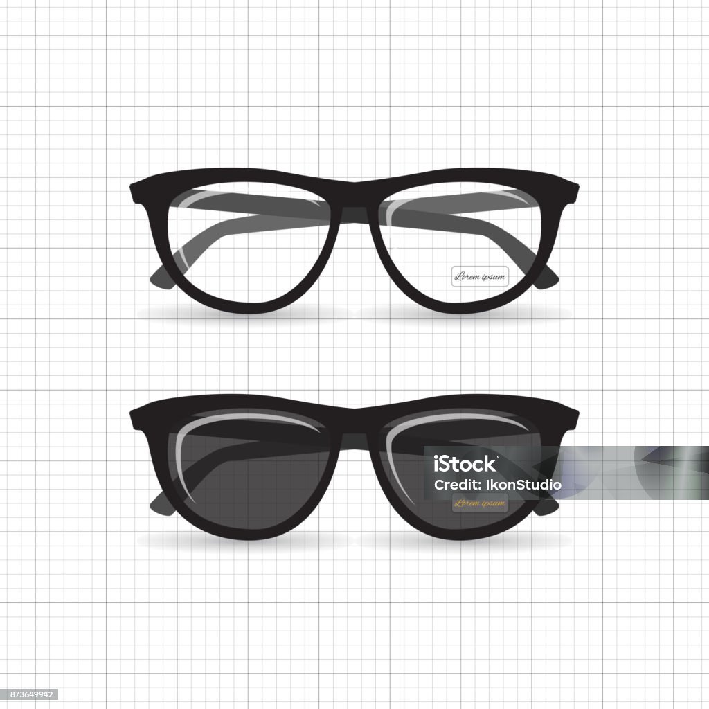 Hipster isolated glasses A set of stylish hipster sunglasses and reading glasses. Retro specs for style with highlights and a label of the designer's name. Shape stock vector