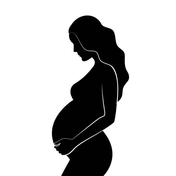 stockillustraties, clipart, cartoons en iconen met zwarte silhouet van zwangere vrouw met krullend haar. - pregnant isolated on white