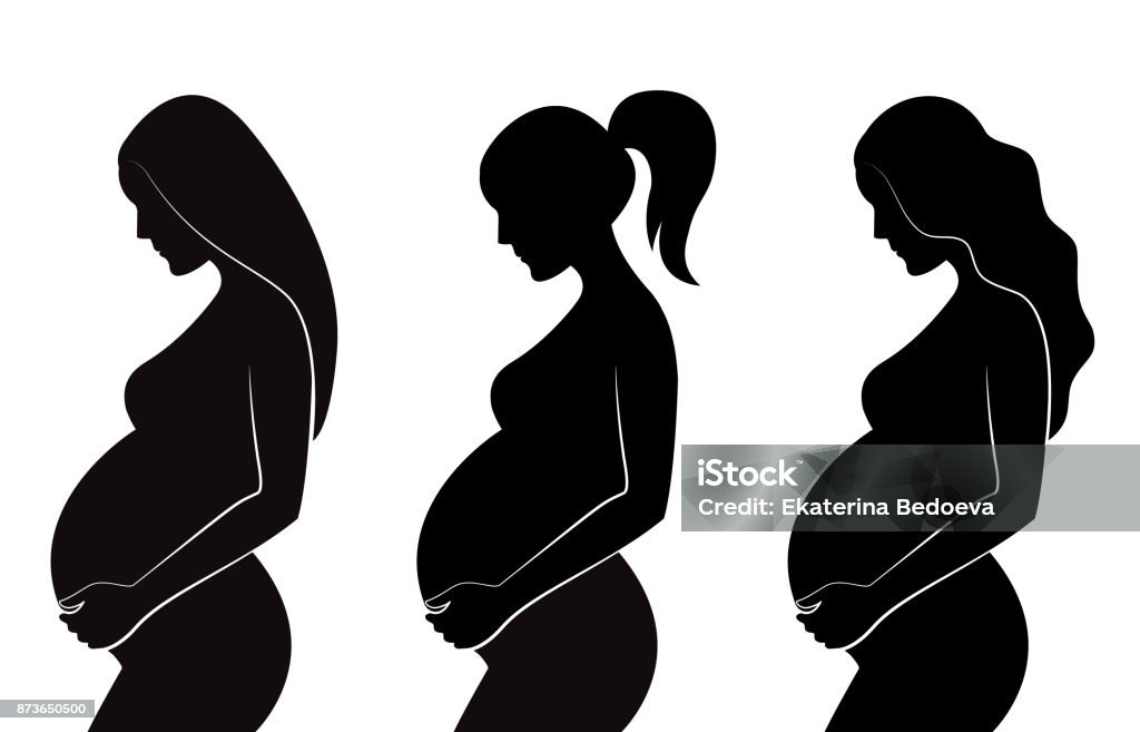 Schwarze Silhouette von schwangeren Frauen mit verschiedenen Frisuren: glattes Haar, lockiges Haar, Pferdeschwanz. - Lizenzfrei Schwanger Vektorgrafik