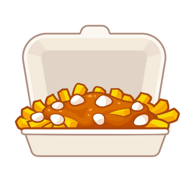 Poutine in takeout box Poutine, traditional Canadian food, in takeout box. Potato french fries with gravy and cheese curds in takeaway container. Isolated vector illustration. polystyrene box stock illustrations