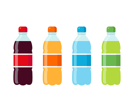 Plastic beverage bottles icon set. Cola, orange soda, water and green iced tea. Bottled cold drinks flat vector illustration.