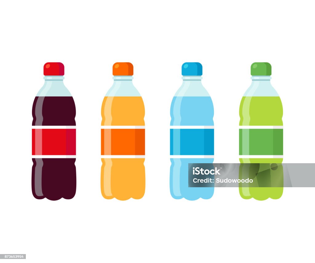 Soda bottles icon set Plastic beverage bottles icon set. Cola, orange soda, water and green iced tea. Bottled cold drinks flat vector illustration. Bottle stock vector